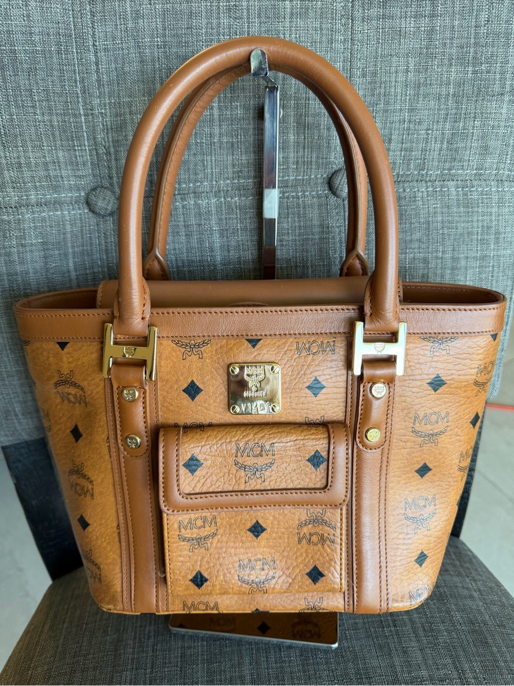 MCM Cognac Visetos Leather Top-Handle Tote